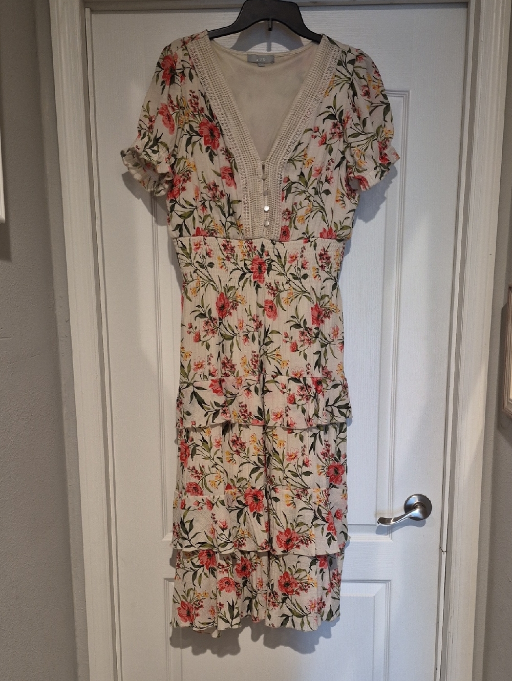 Cream Floral Tiered Midi Dress with Pink Blooms